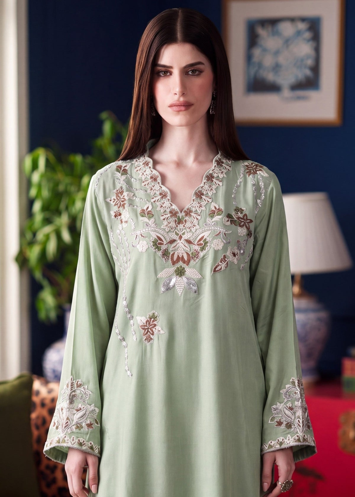 Pistachio Green Embroidered Kaftan Online in Dubai DXB UAE Abudhabi Meena Bazaar