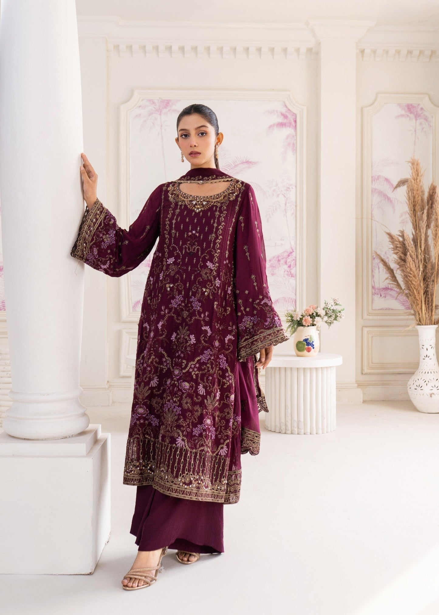 Plum Embroidered Georgette Chiffon Festive Wear Online in Dubai DXB UAE Abudhabi Meena Bazaar