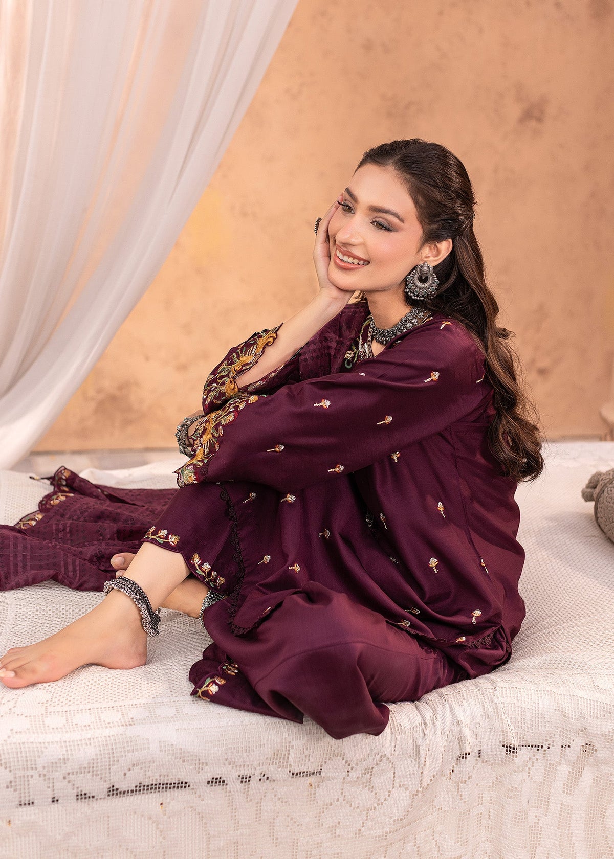 Plum Viscose Embroidered Ladies Partywear Suit Online in Dubai UAE Abudhabi Ajman Sharjah