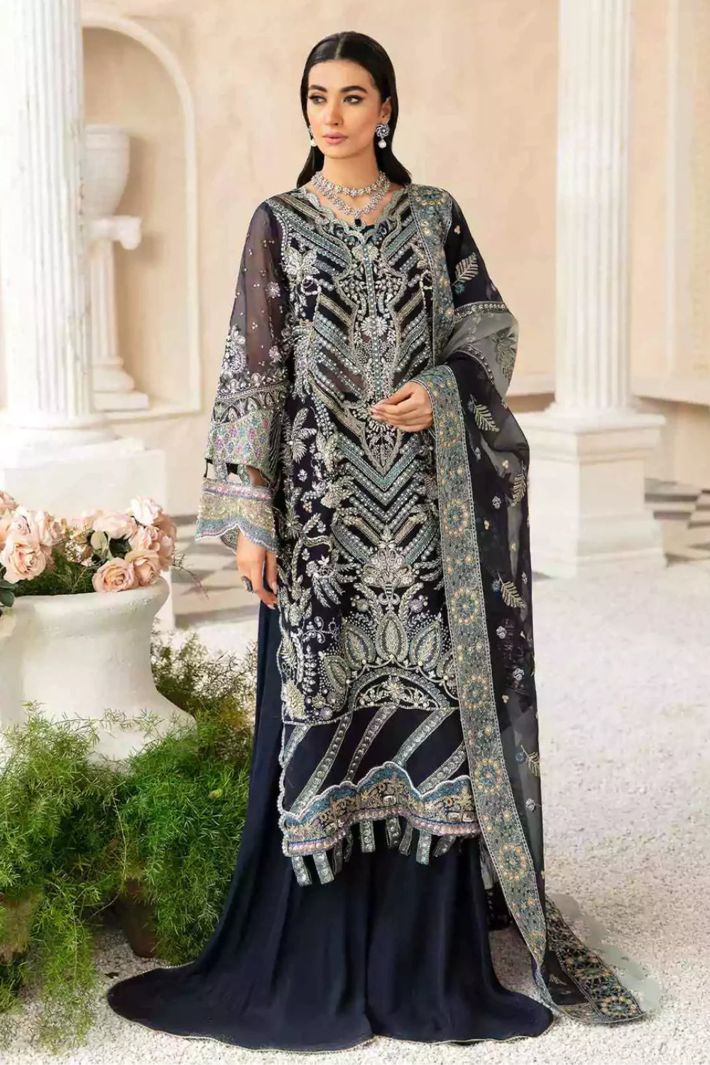 dark blue pakistani bridal dresses Navy Blue Embroidered Organza Sharara: Pakistani Wedding Outfit