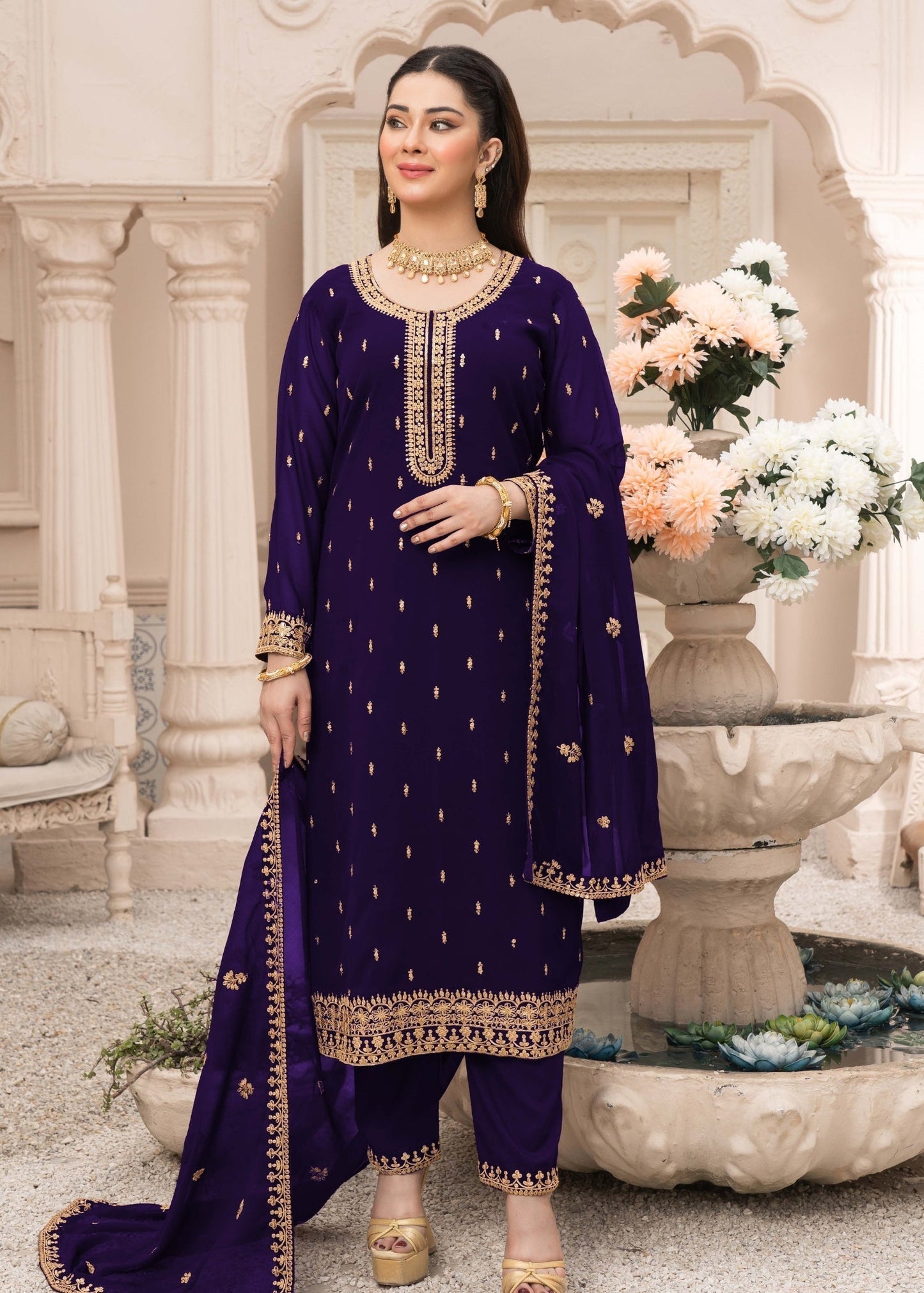 Purple Chiffon Party Wear Kurta Pajama Online in KSA Riyadh Saudi Arabia Oman Bahrain Qatar