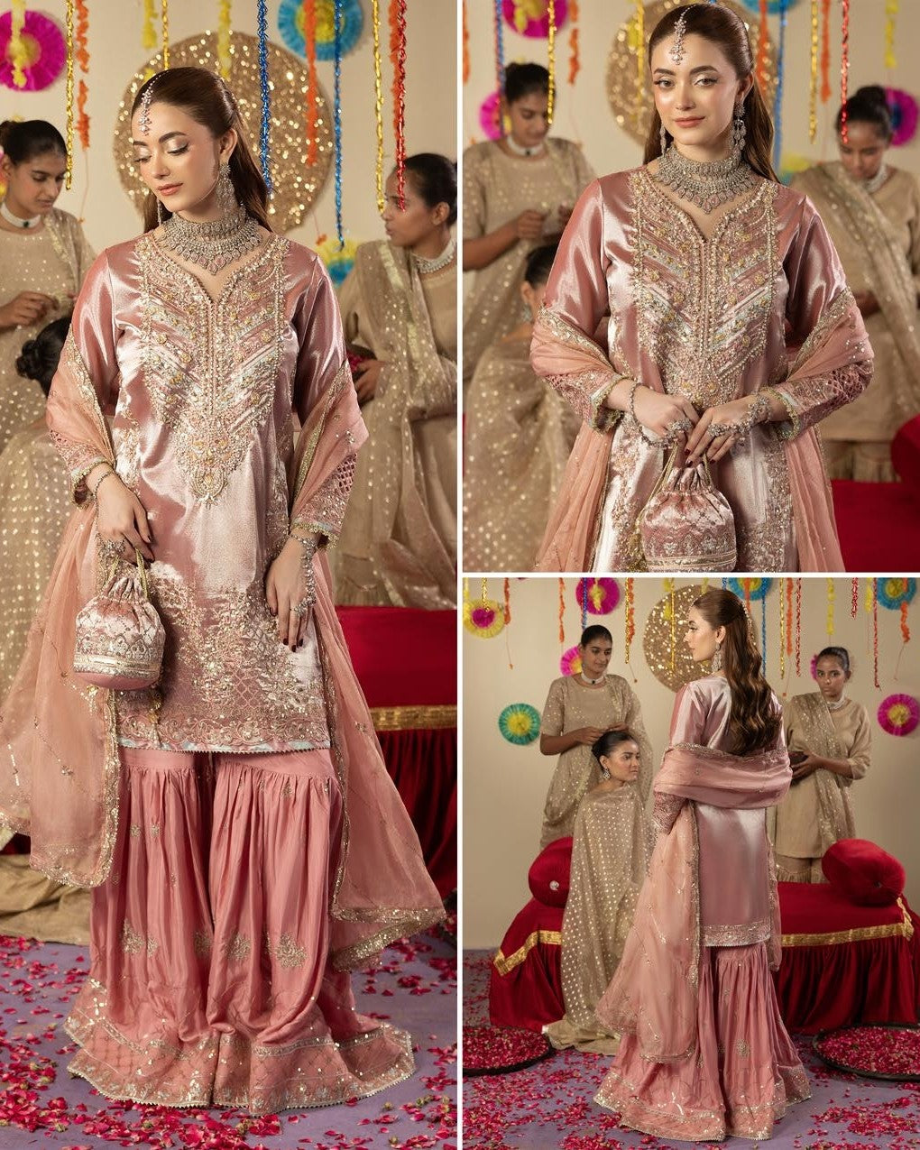 Raw Silk Embroidered Gharara with Potli Bag Online in KSA Riyadh Saudi Arabia Oman Bahrain Qatar