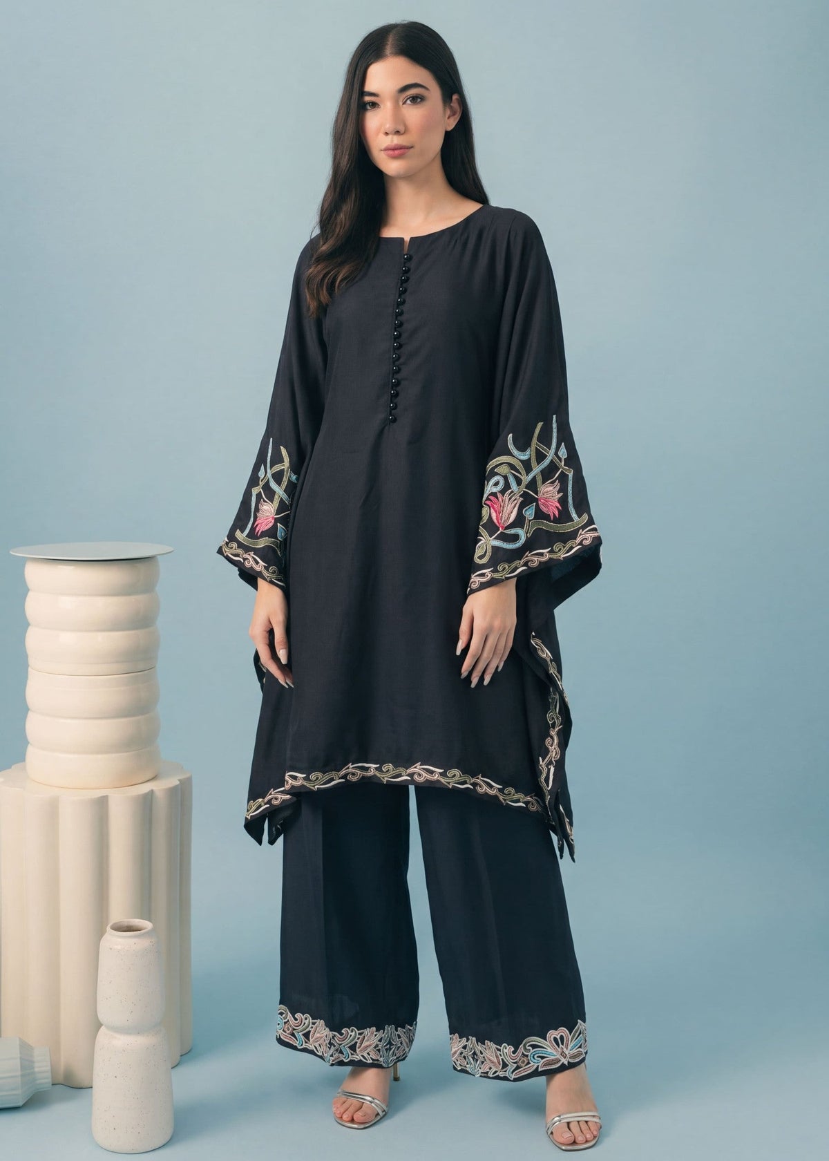 Black Dhanak Kaftan 2 Piece Set Latest Pakistani Suits Online in Dubai UAE Abudhabi Ajman Sharjah