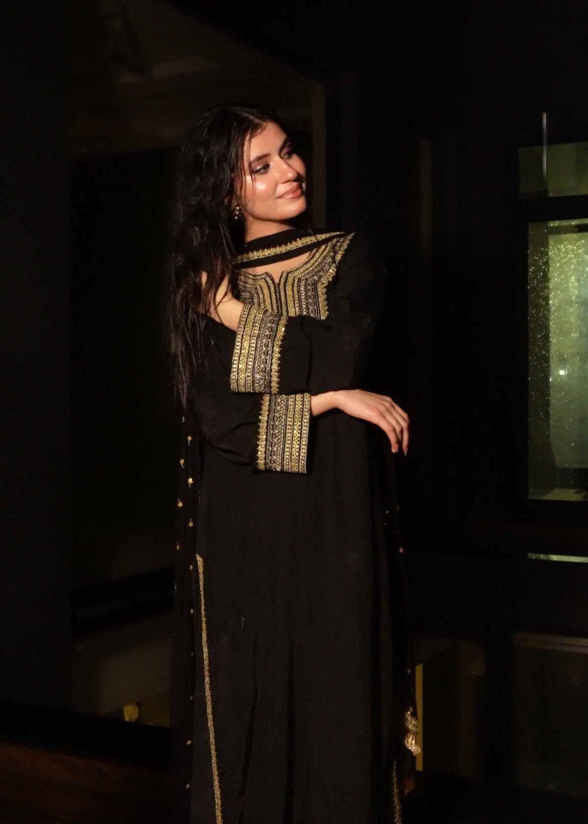 Black Embroidered Raw Silk Suit with Sequence Tilla Work Online in Dubai DXB UAE Abudhabi Meena Bazaar