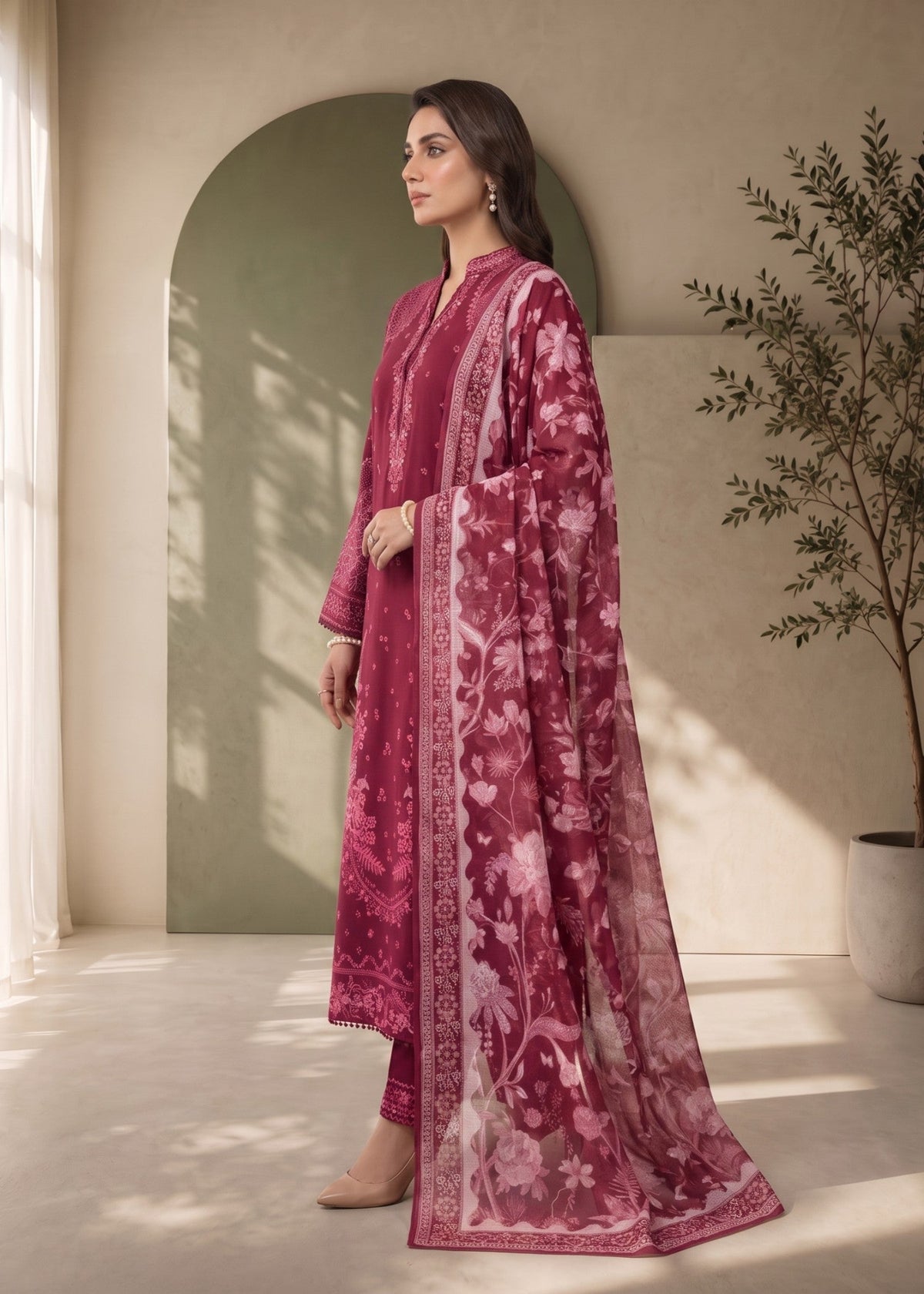Maroon Embroidered Lawn Designer Salwar Suit Online in Sri Lanka India Australia