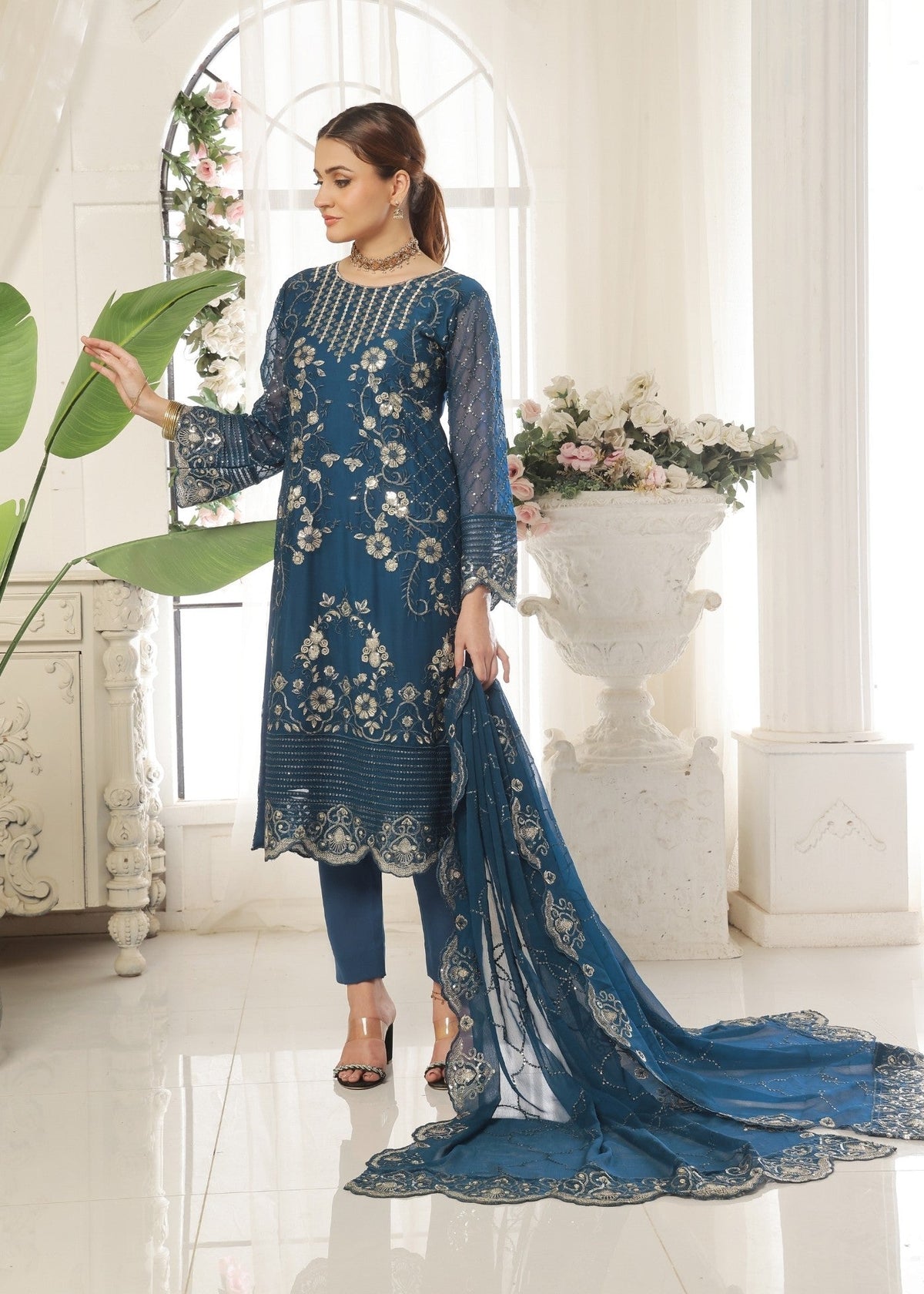 Teal Embroidered Chiffon Salwar Suit Online in Dubai DXB UAE Abudhabi Meena Bazaar