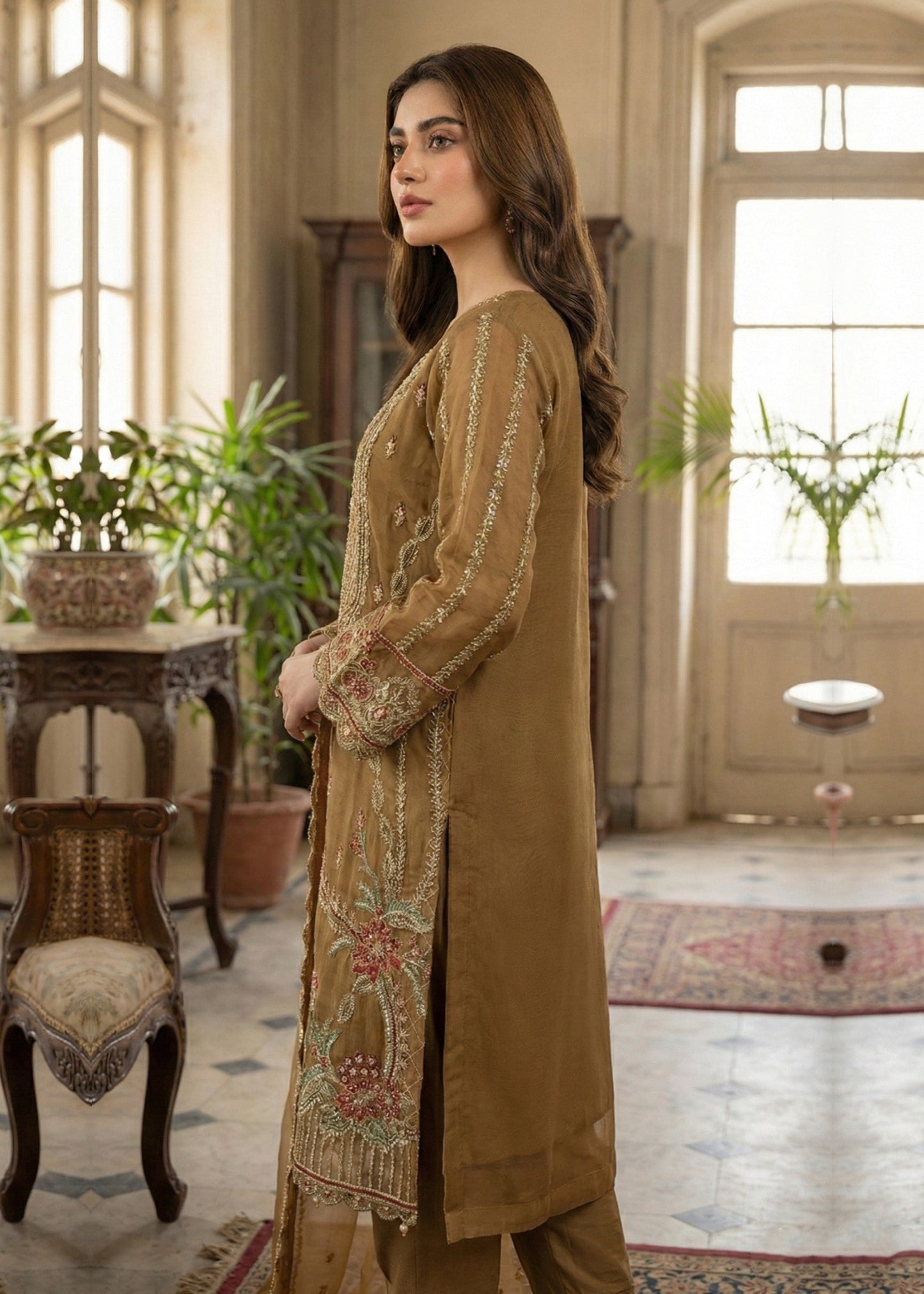 Readymade Golden Brown Organza Suit Online in Dubai UAE Abudhabi Ajman Sharjah