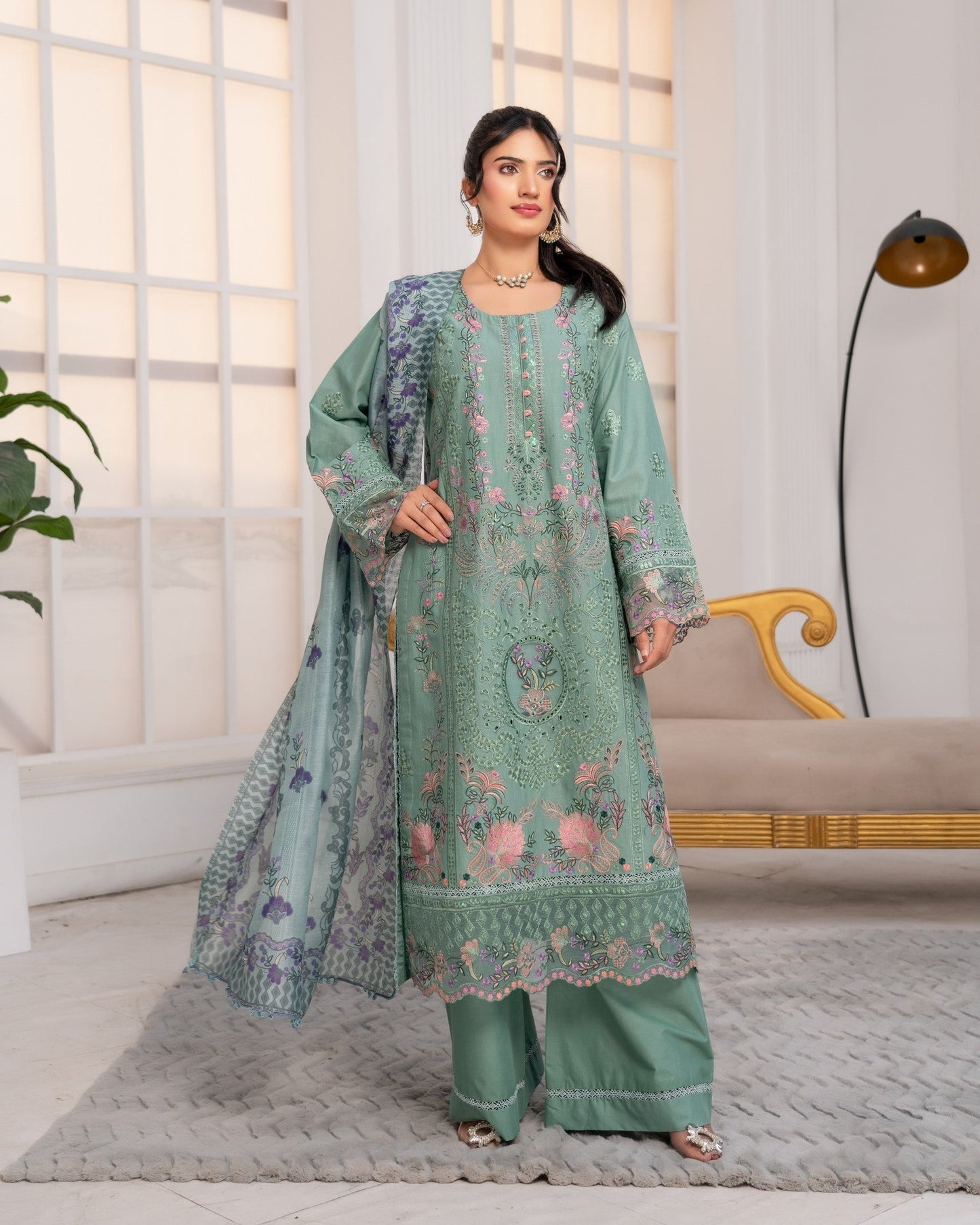 Readymade Green Festive Lawn Suit Online in Sri Lanka India Australia