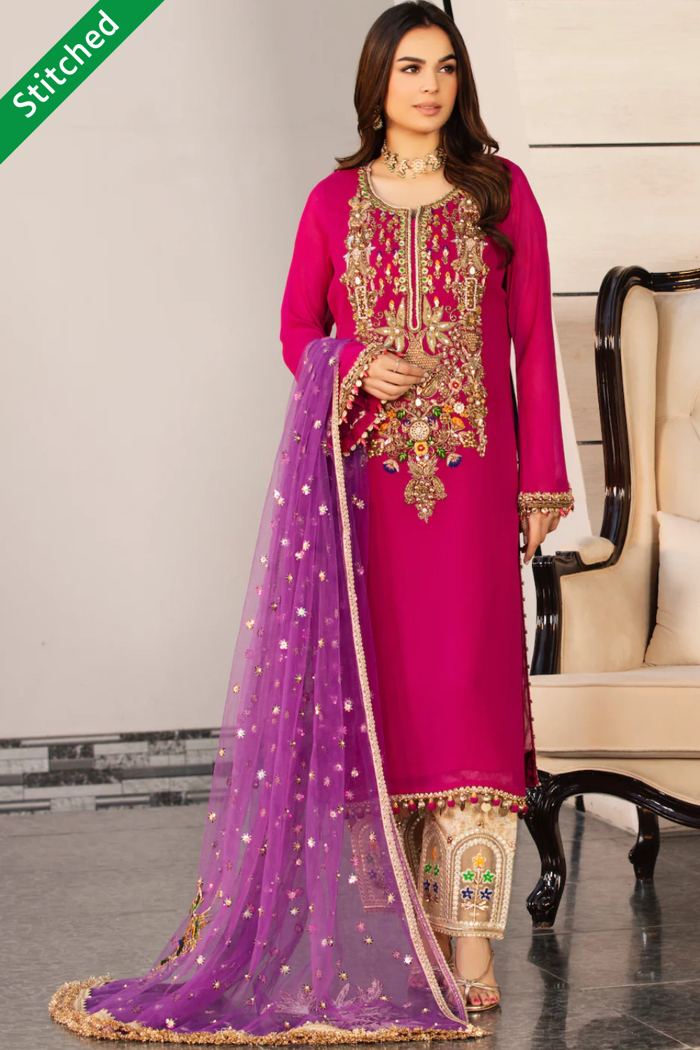 Magenta Readymade Pure Chiffon Suit