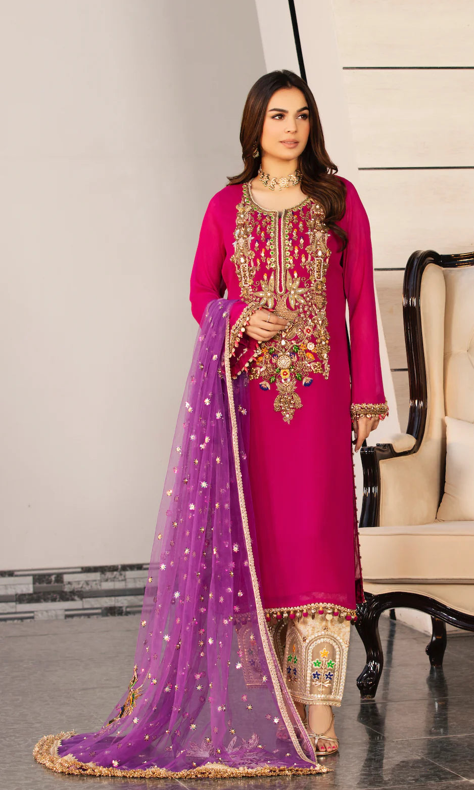 Magenta Readymade Pure Chiffon Suit Size 36 & 44