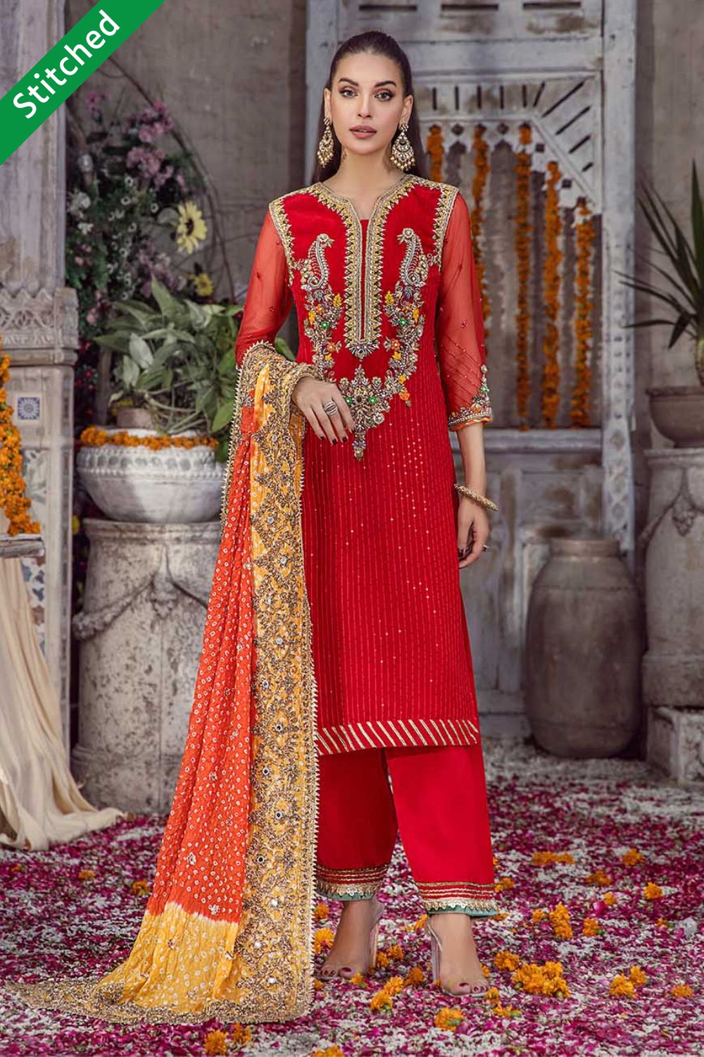 Readymade Red Chiffon Suit with Chunari