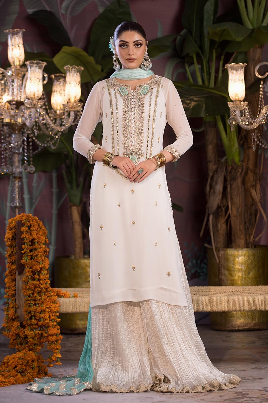 White Hand Embroidered Pure Chiffon Suit with Crushed Sharara