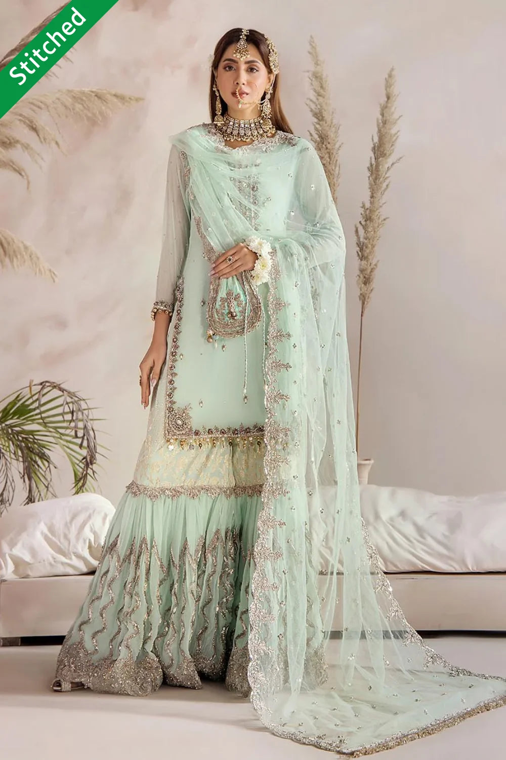 Hand Embroidered Turquoise Pure Chiffon Gharara