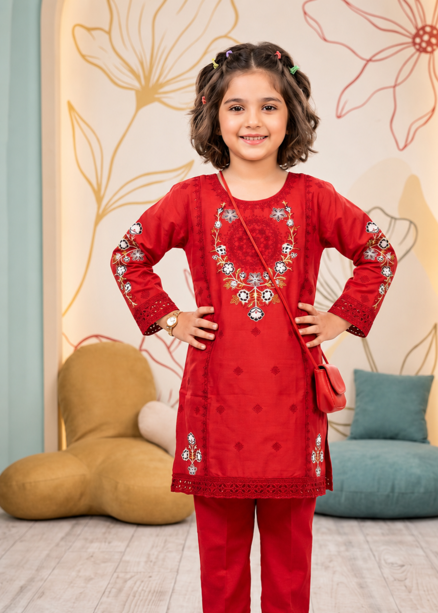 Red Cotton Embroidered Girls Suit Online in Sri Lanka India Australia