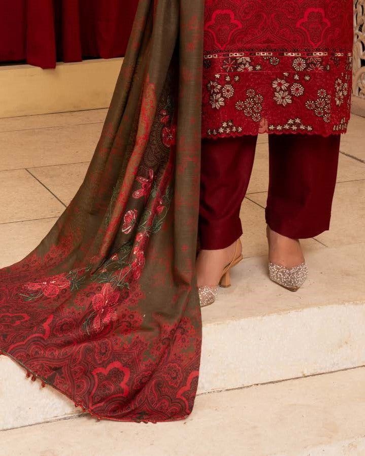 Red Dhanak Embroidered Pakistani Designer Suit Online in Sri Lanka India Australia