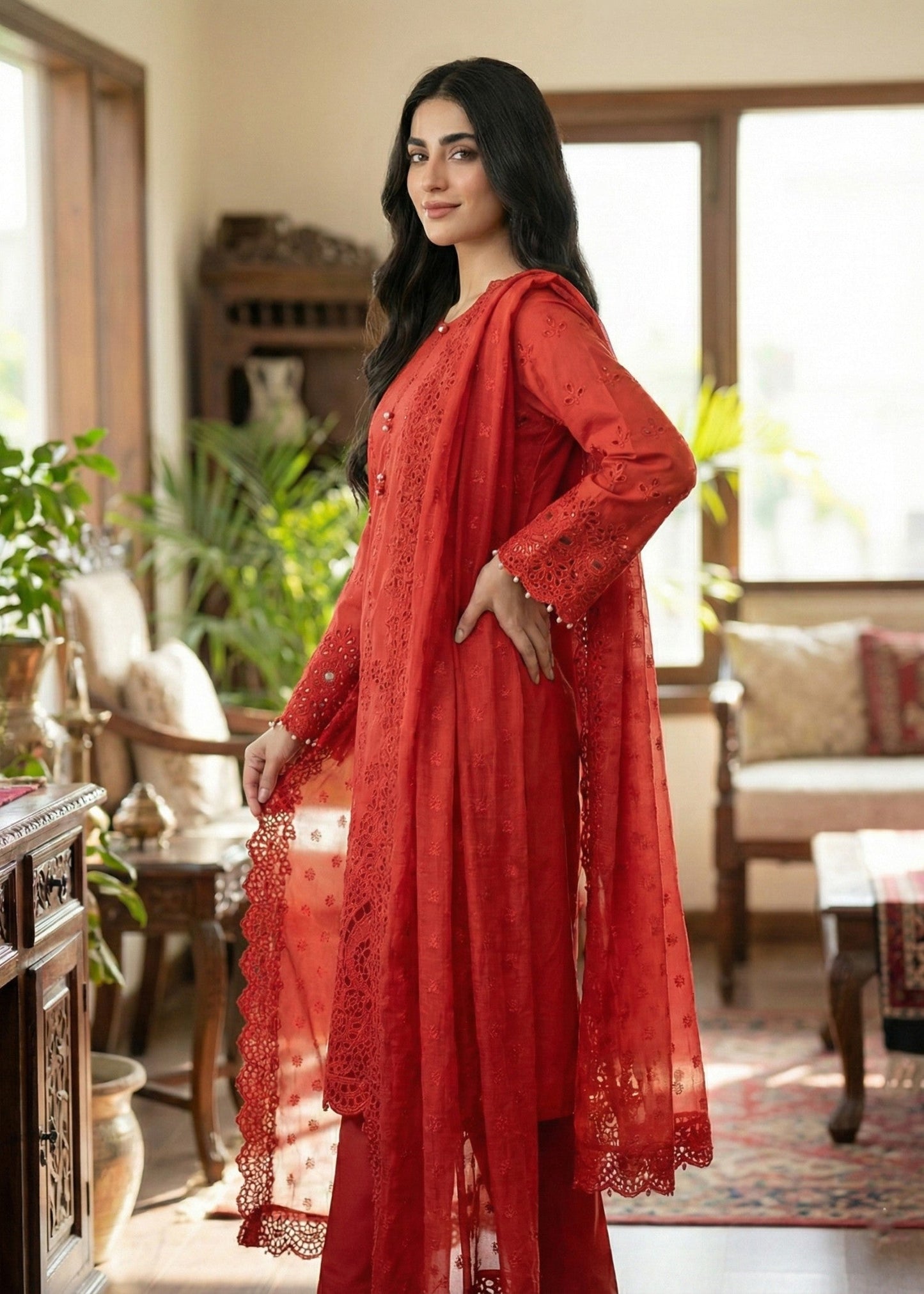 Red Embroidered 3 Piece Pakistani Suit Online in Sri Lanka India Australia