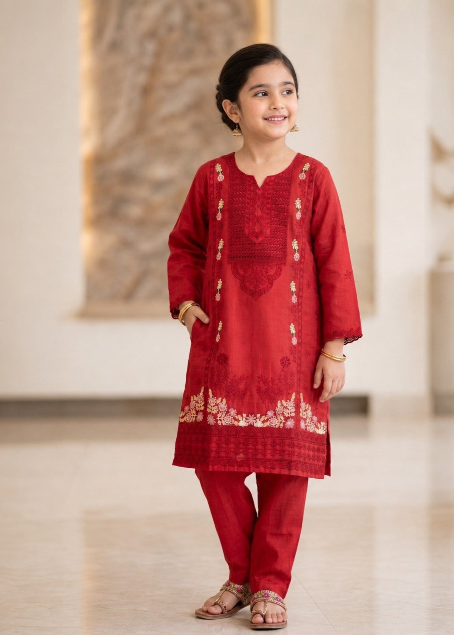 Red Embroidered Cotton Girls Kurta Set Online in Sri Lanka India Australia