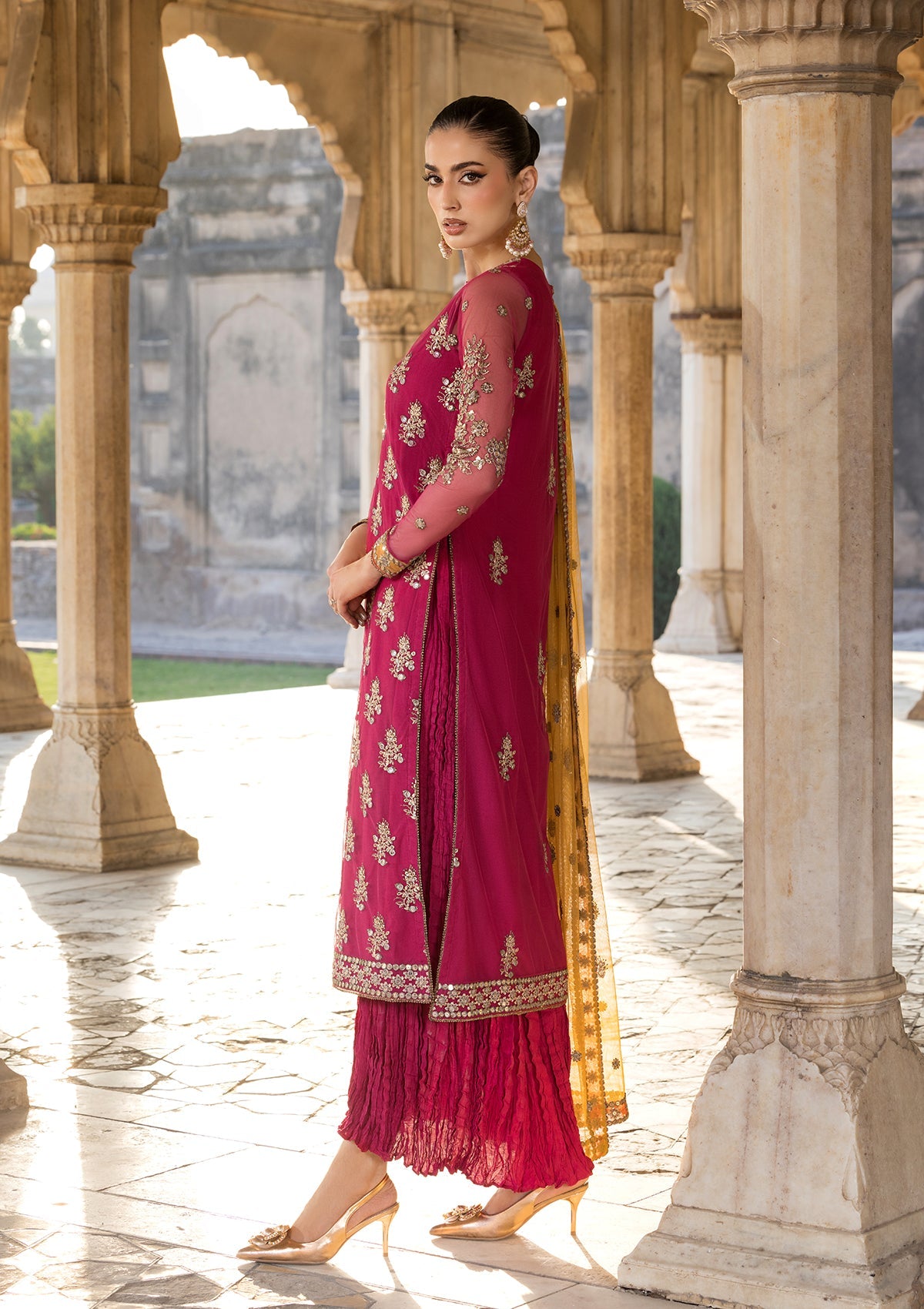 Red Embroidered Net Wedding Guest Suit Online in Dubai DXB UAE Abudhabi Meena Bazaar