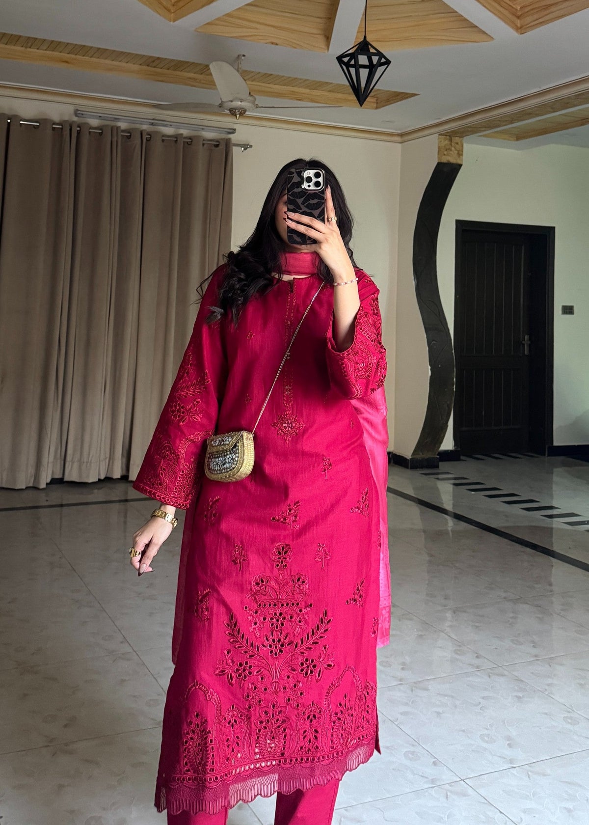 Red Linen Embroidered Kurta Set Online in Dubai DXB UAE Abudhabi Meena Bazaar
