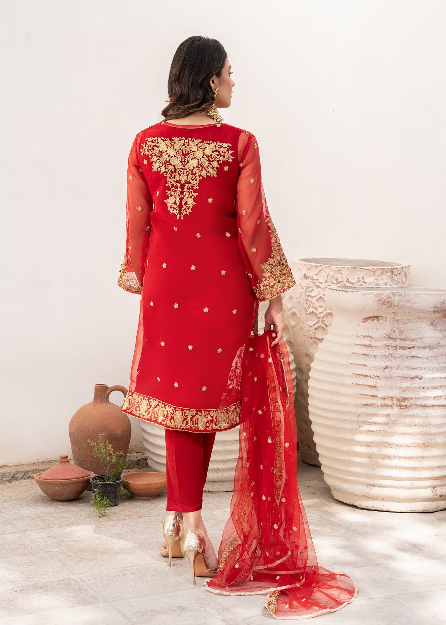 Red Organza Embellished Suit with Net Dupatta Online in Dubai DXB UAE Abudhabi Meena Bazaar