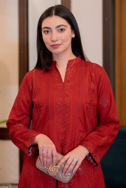 Red Linen Kurta with Trousers