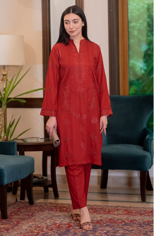 Red Linen Kurta with Trousers