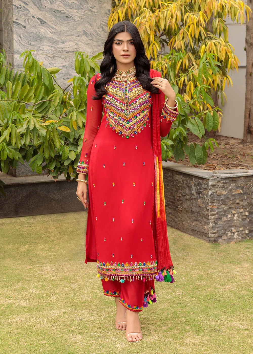 Hand Embroidered Red Pure Chiffon Suit