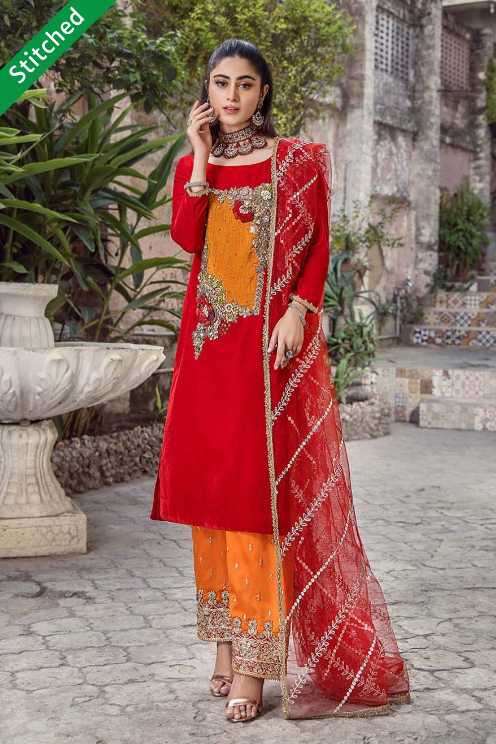 Red Hand Embroidered Micro Velvet Suit
