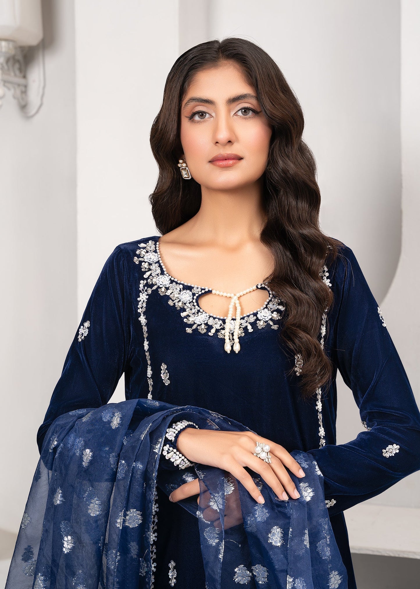Royal Blue Velvet Embellished Kurta with Organza Dupatta Online in Dubai DXB UAE Abudhabi Meena Bazaar
