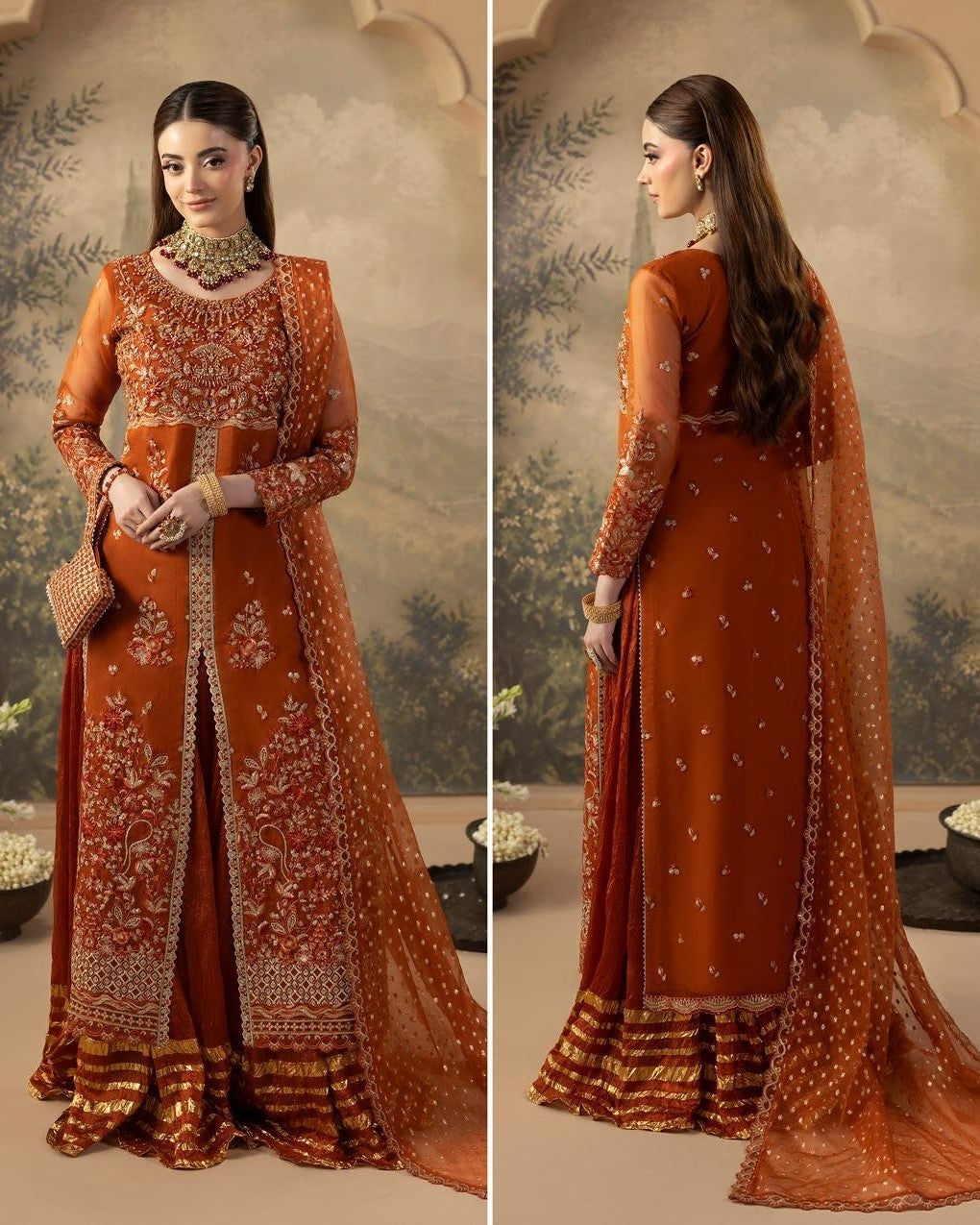 Rust Embroidered Organza Sharara with Potli Bag Online in KSA Riyadh Saudi Arabia Oman Bahrain Qatar