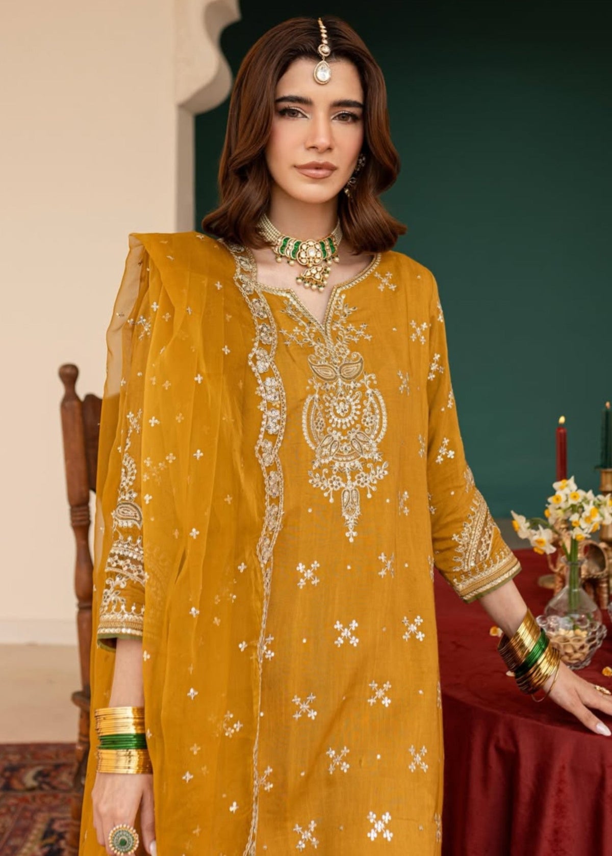 Saffron Lawn Cotton Embroidered Summer Wear Kurta Set Online in KSA Riyadh Saudi Arabia Oman Bahrain Qatar