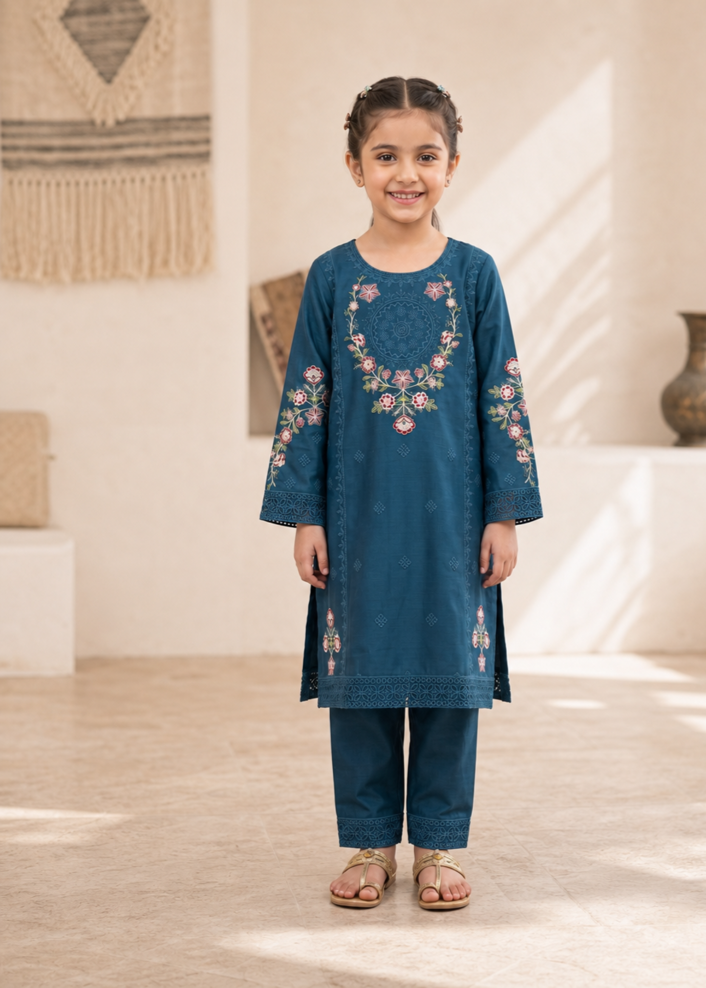 Sapphire Blue Cotton Embroidered Kurta Pajama Online in Sri Lanka India Australia