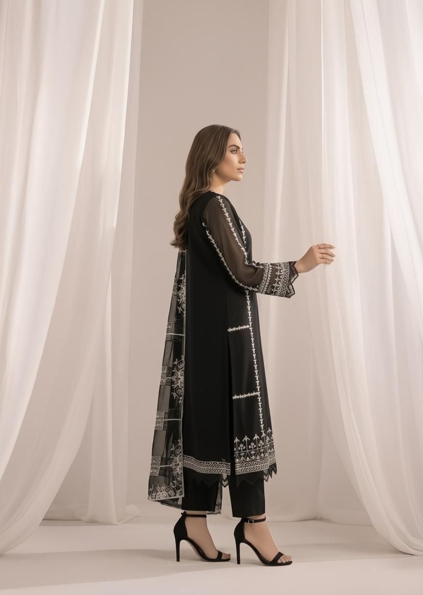 Shop Black Embroidered Bemberg Crinkle Chiffon Festive Wear Online in KSA Riyadh Saudi Arabia Oman Bahrain Qatar