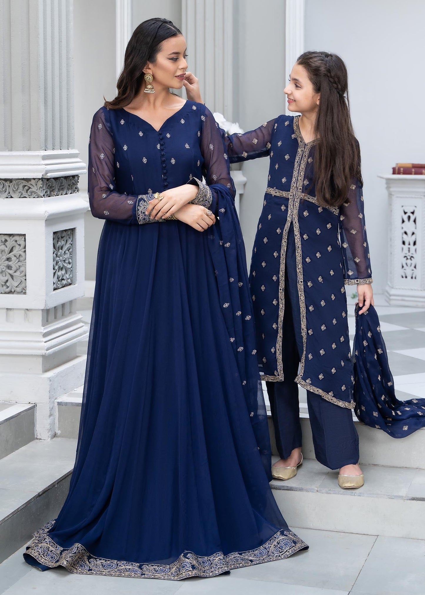 Shop Blue Chiffon Embroidered Partywear Suit Online in KSA Riyadh Saudi Arabia Oman Bahrain Qatar