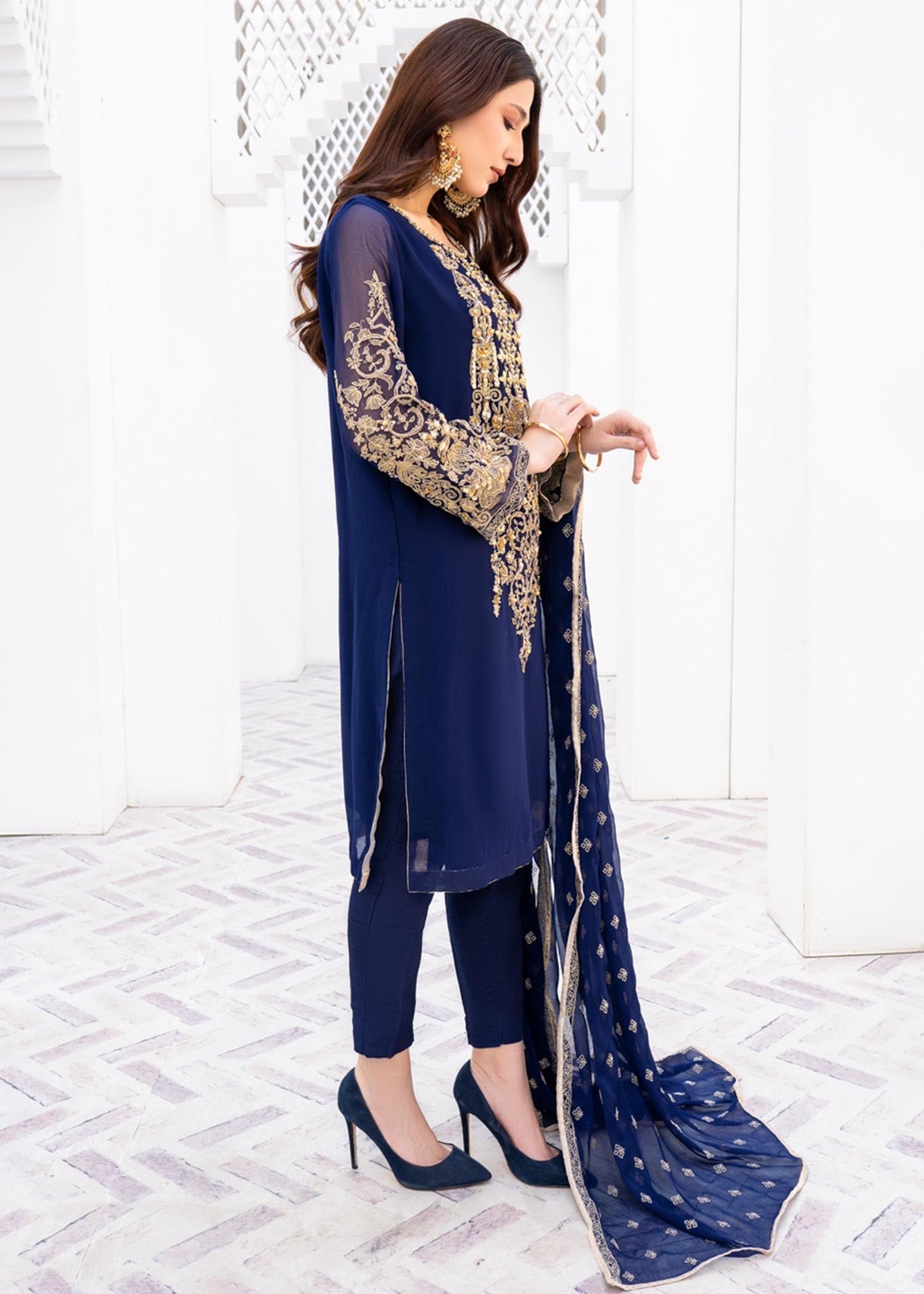 Shop Blue Raw Silk Trouser Chiffon Suit Online in Dubai UAE Abudhabi Ajman Sharjah