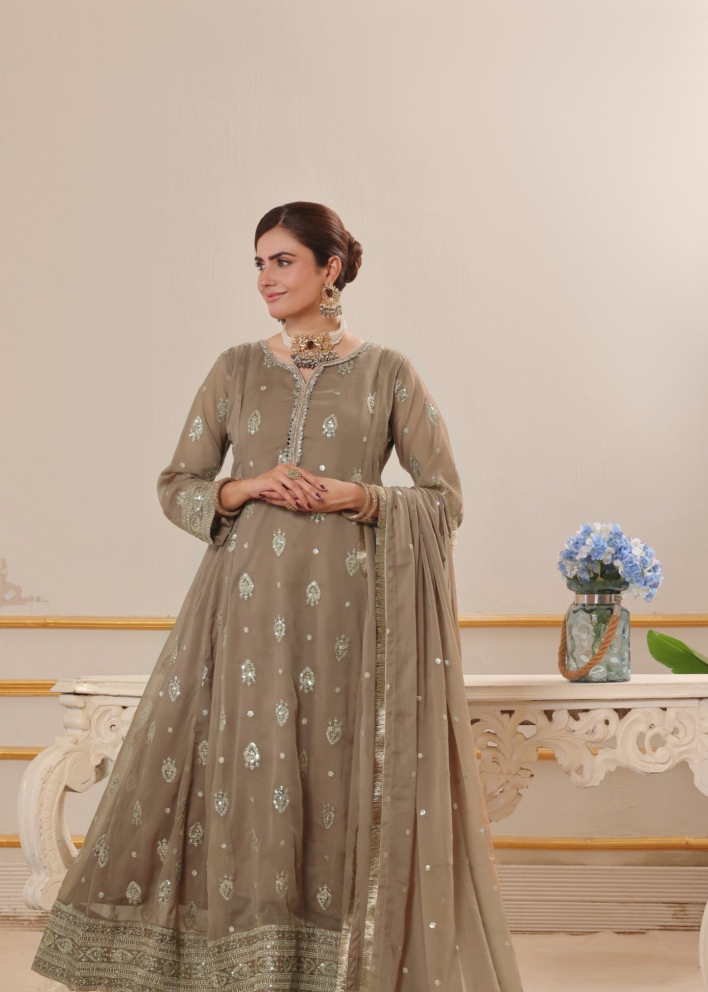 Shop Embellished Chiffon Pishwas Suit for Women Online in Dubai UAE Abudhabi Ajman Sharjah