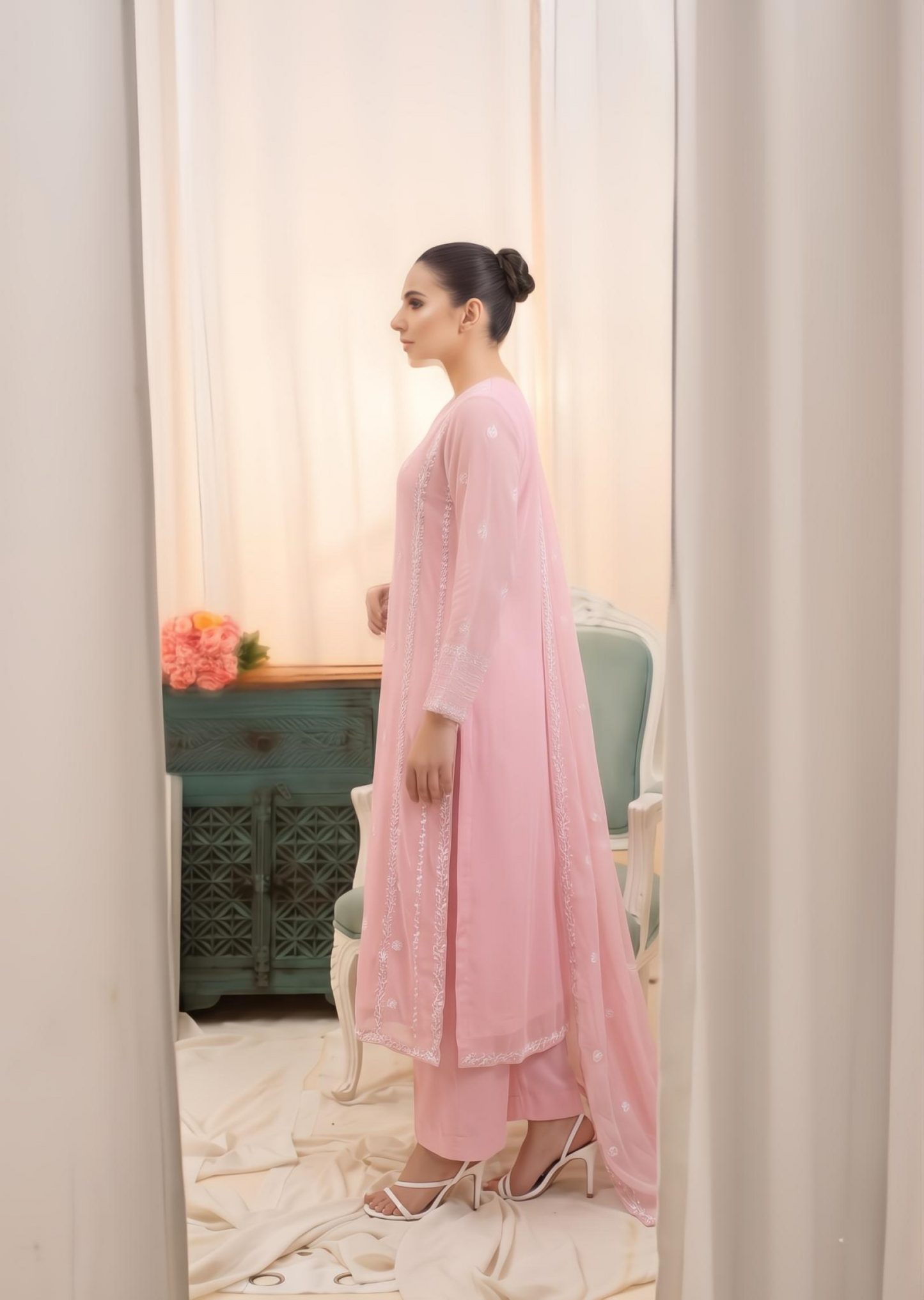 Shop Embroidered Light Pink Chiffon 3 Piece Suit Online in Dubai DXB UAE Abudhabi Meena Bazaar