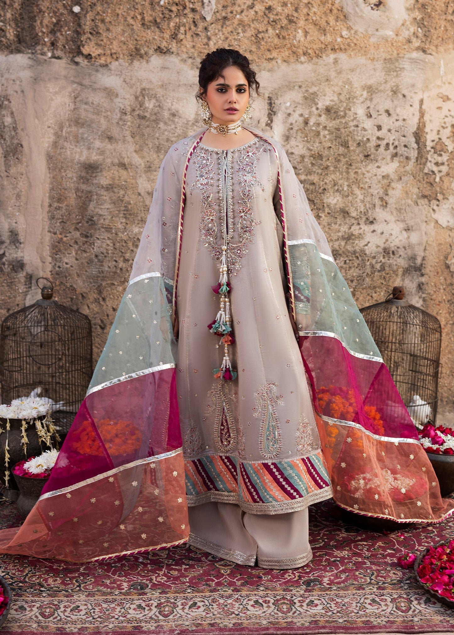 Silver Silk Flared Pishwas Dupatta Sharara Online in Dubai UAE Abudhabi Ajman Sharjah