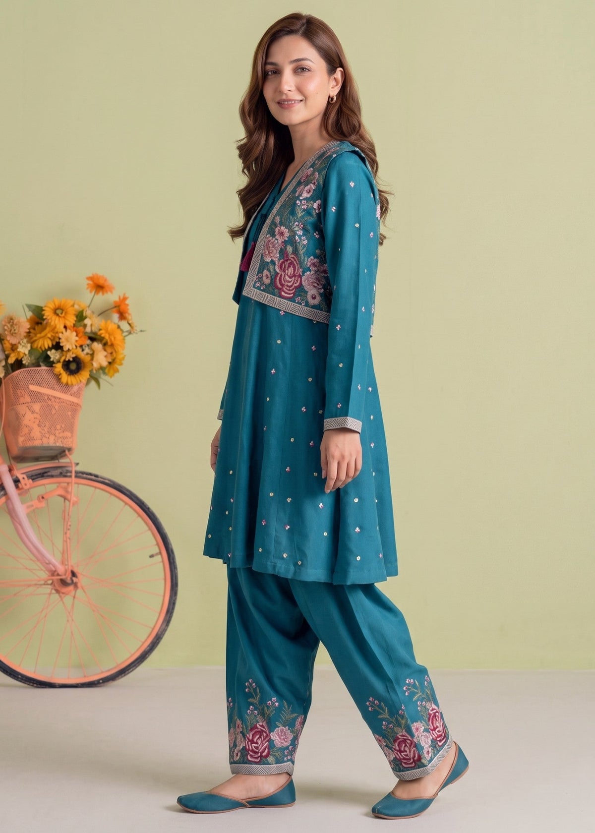 Steel Blue Embroidered Dhanak Churidar Salwar Suit Online in KSA Riyadh Saudi Arabia Oman Bahrain Qatar