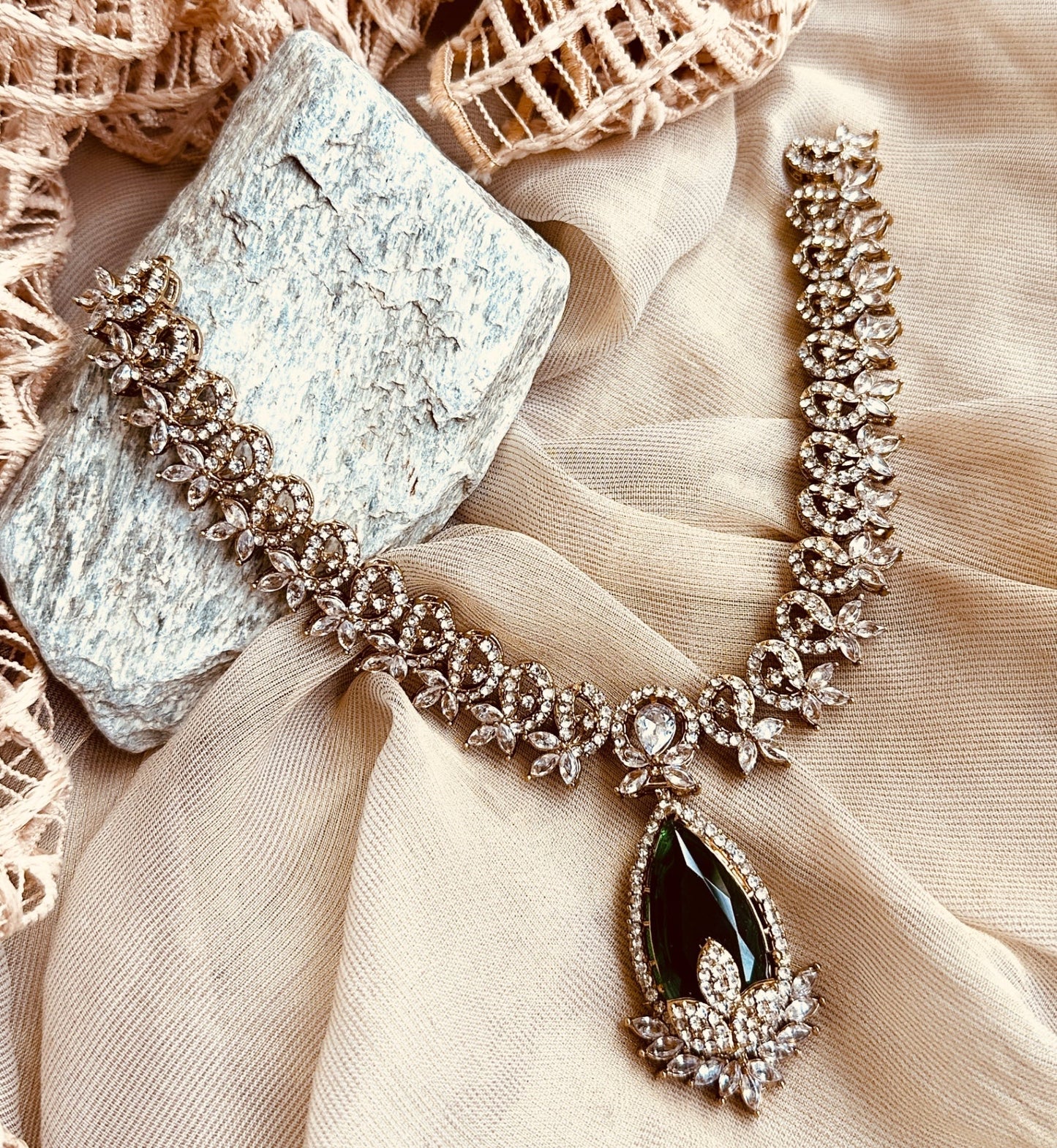 Stone Work Green Bridal Jewellery Set Online in UK USA Canada