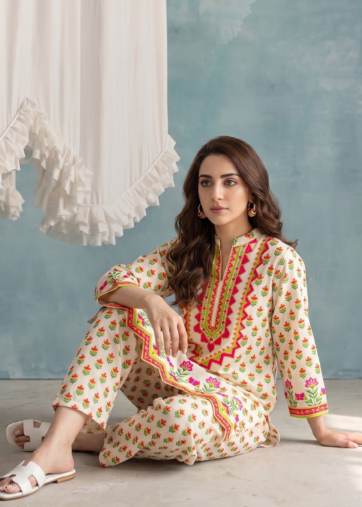 Summer Wear Cream Slub Lawn Kurta Set Online in UK USA Canada