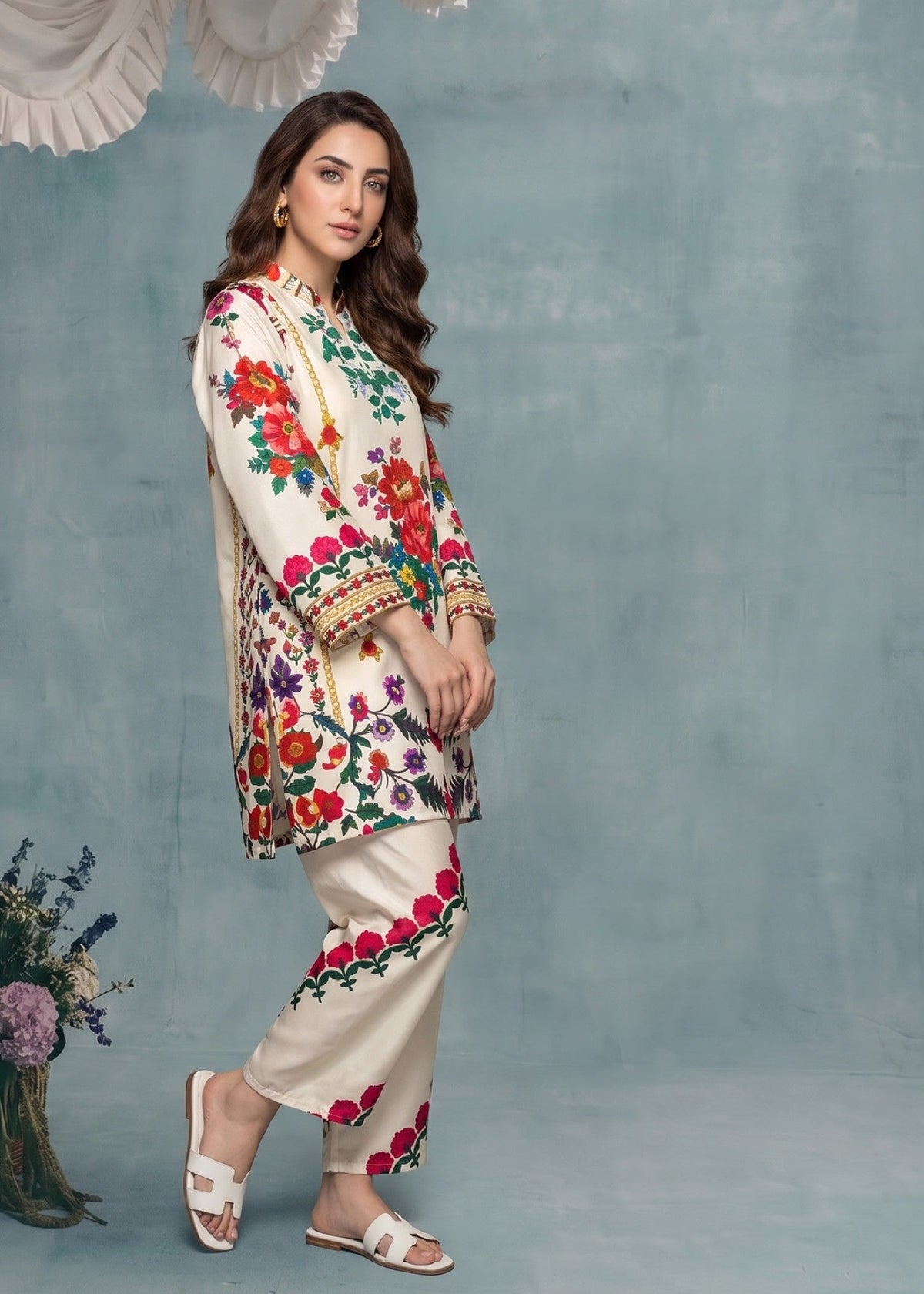 Daily Wear Cream Slub Lawn 2 Piece Kurta Set Online in UK USA Canada