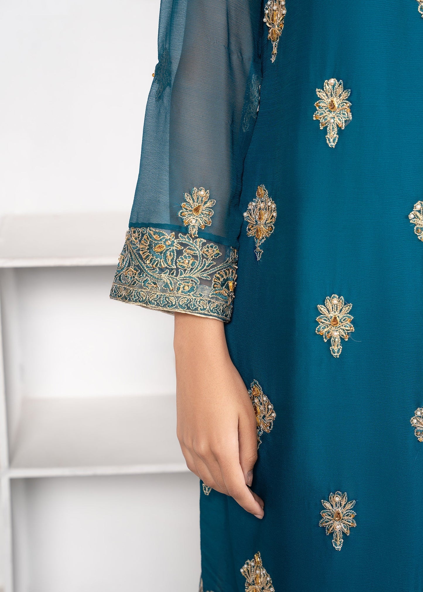Teal Chiffon Hand Embroidered Festive Wear Online in Dubai DXB UAE Abudhabi Meena Bazaar