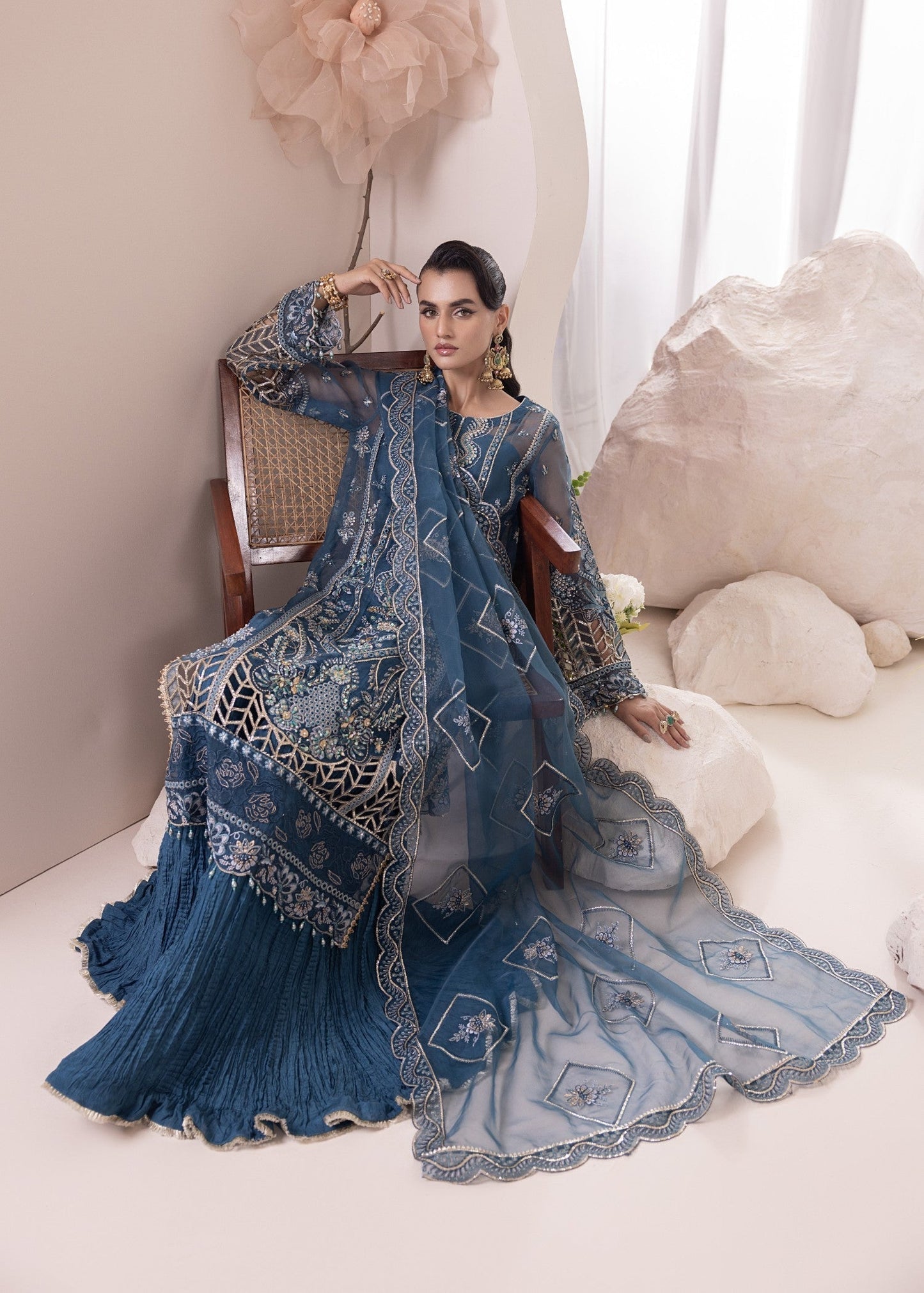 Teal Crush Sharara Embroidered Organza Dupatta Online in Dubai DXB UAE Abudhabi Meena Bazaar
