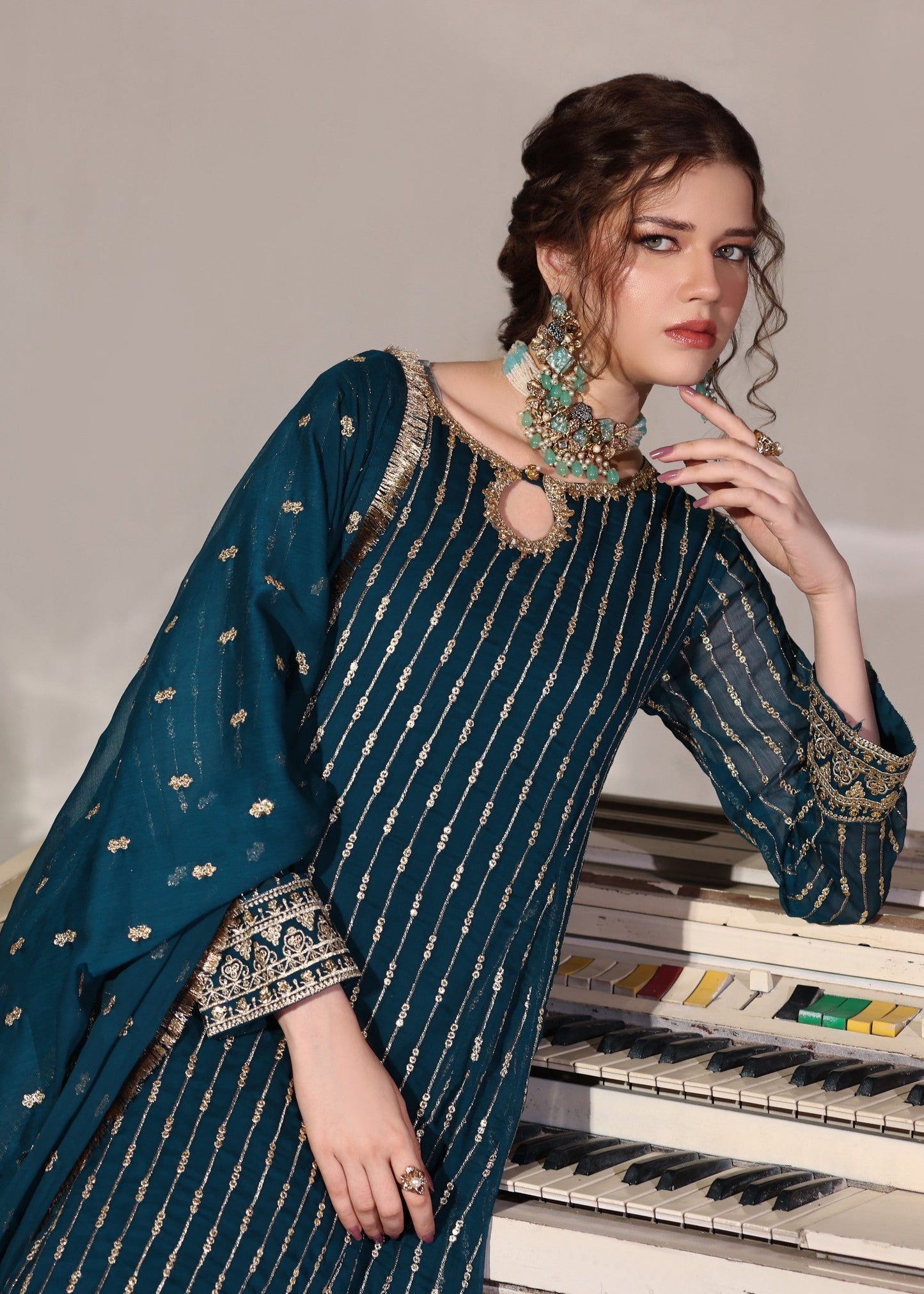 Teal Embroidered Chiffon Straight Trouser Suit Online in Dubai UAE Abudhabi Ajman Sharjah