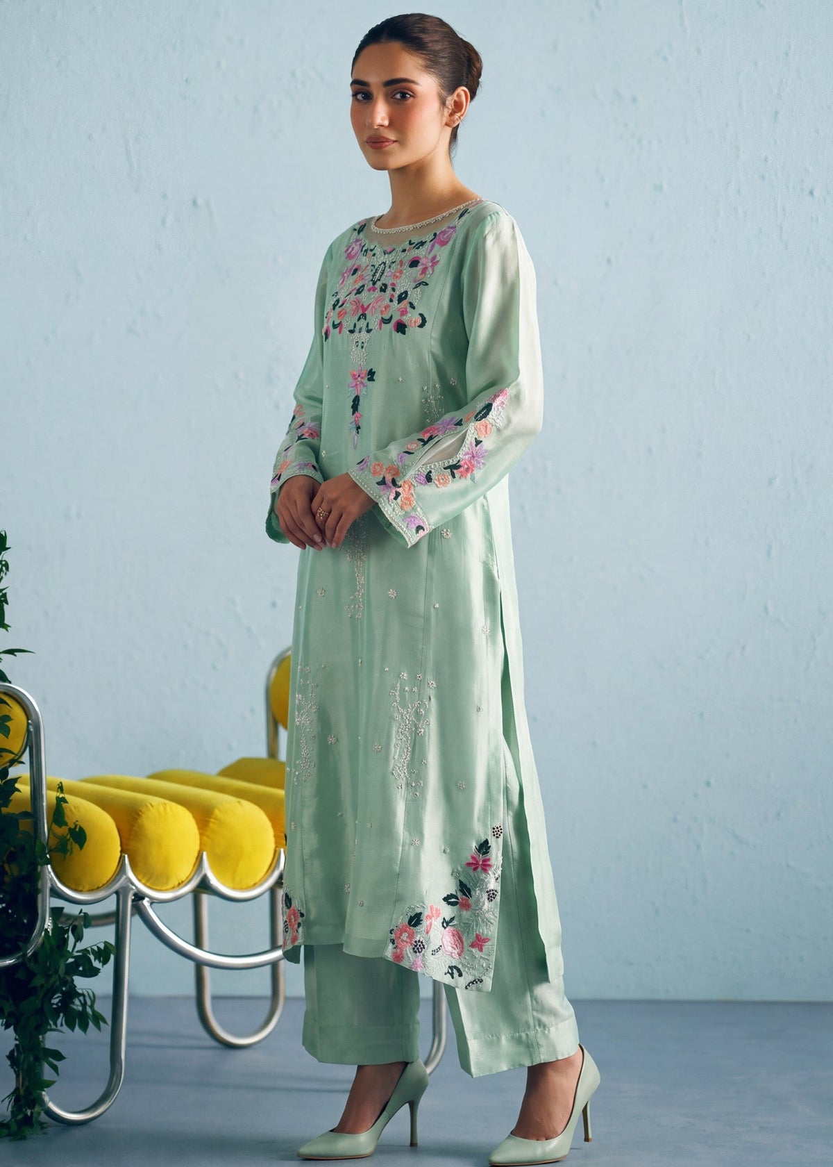 Tussar Silk Embroidered Kurta Set with Straight Trouser Online in Dubai UAE Abudhabi Ajman Sharjah