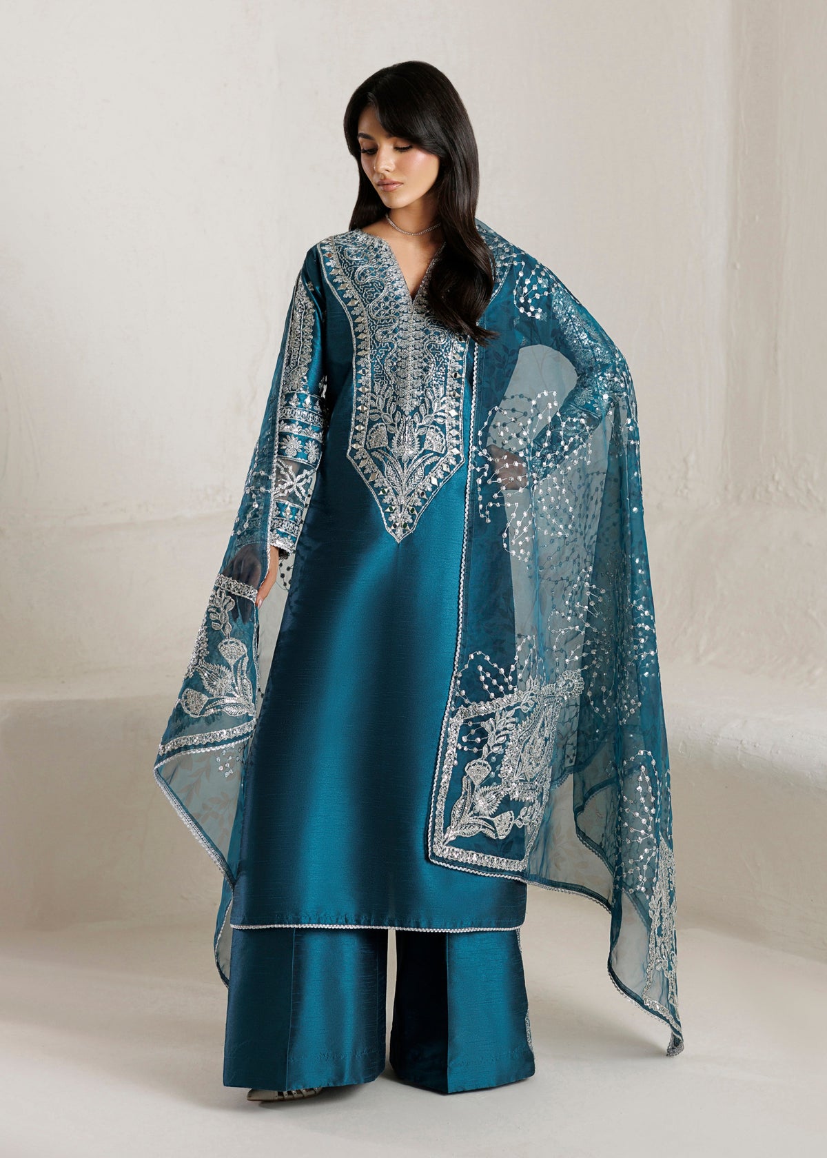Twilight Blue Embroidered Raw Silk Festive Partywear Suit Online in Dubai DXB UAE Abudhabi Meena Bazaar