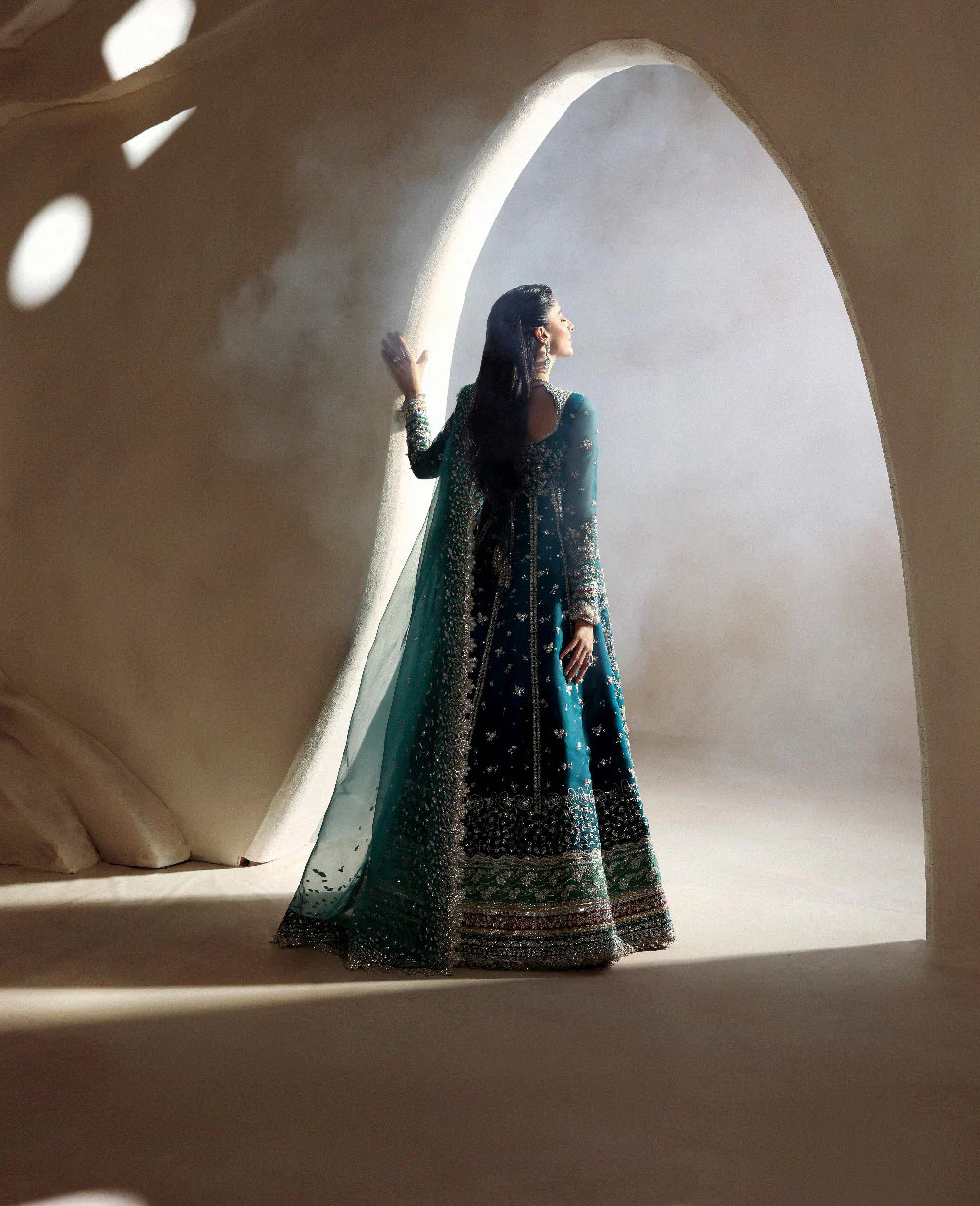 Zinc Blue-Green Hand Embellished Raw Silk Bridal Maxi / Lehenga Choli