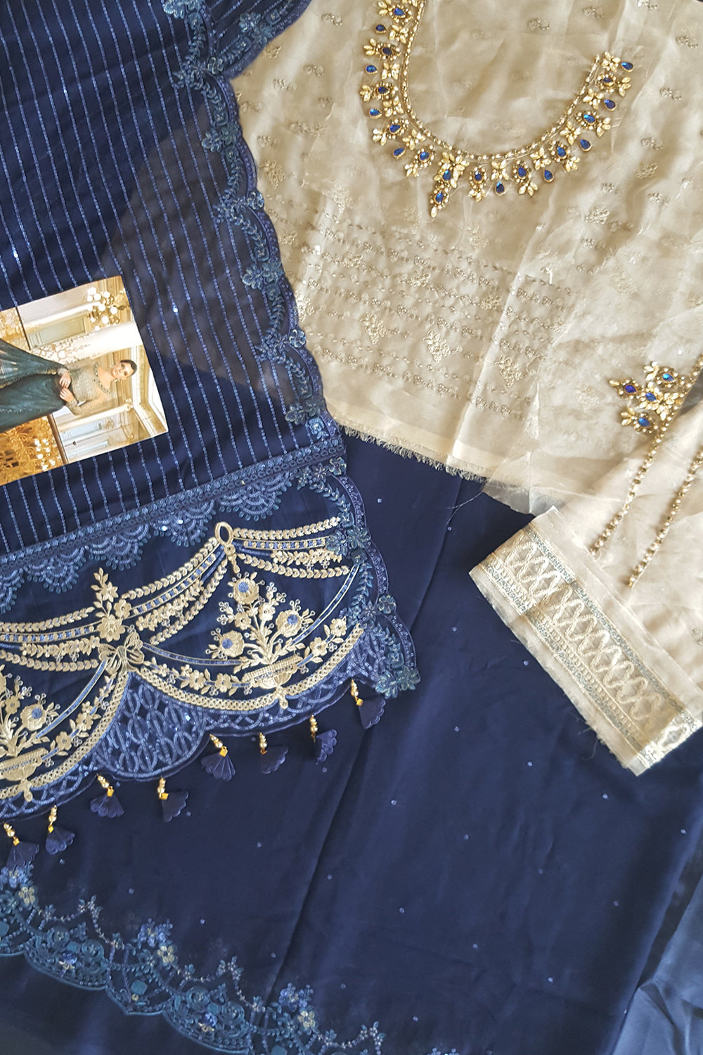 Ink Blue and Coffee Chiffon Saree
