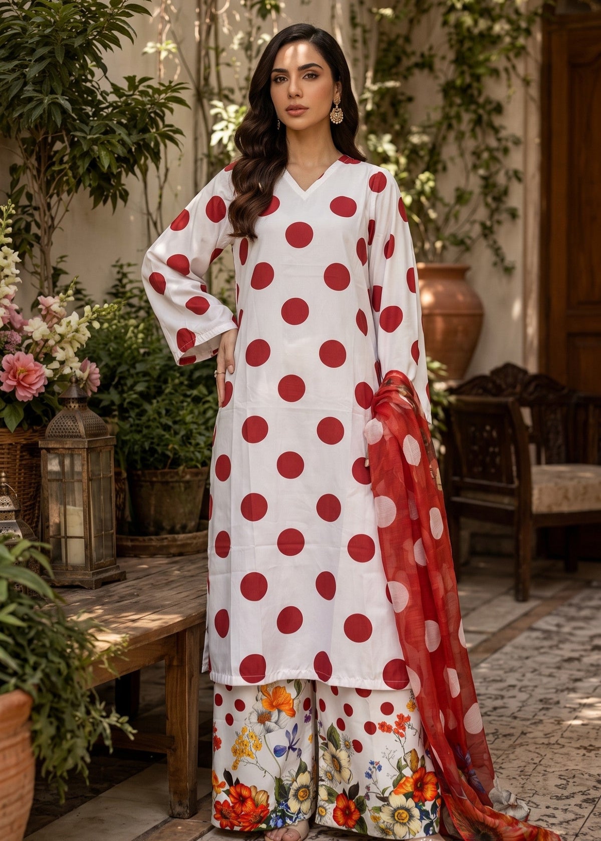 White and Brown Printed Poly Lawn Unstitched Suit Online in Sri Lanka India Australia